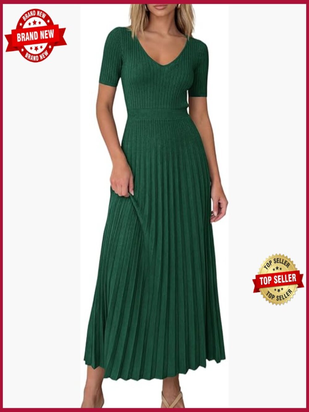 V Neck Short Sleeve Ribbed Knit Midi Sweater Dress Pleated A Line Spring